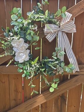 XL Elegant Soft & Neutral Green Eucalyptus Everyday Wreath with Striped Bow
